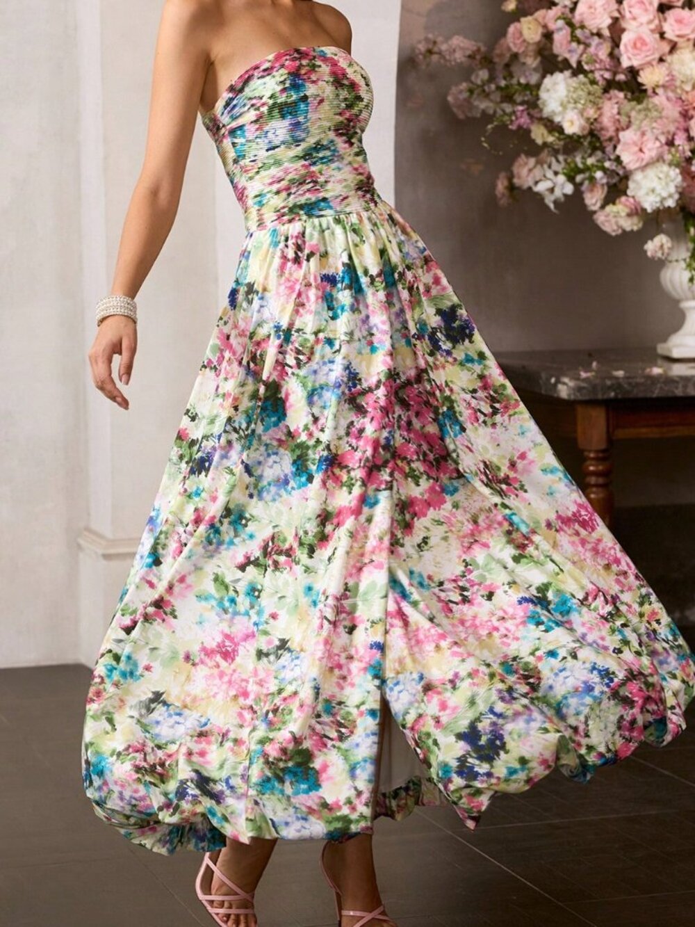 Multicolor Elegant Womens Floral Print Dress Wiith Bust Ruching